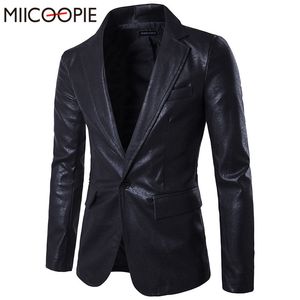 Оптом- Spring New Men Blazer One-кнопка Slim Fit Мужская черная искусственная кожаная куртка с длинным рукавом повседневная мода мужской костюм Blazer Masculino