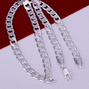 Hot 925 Sterling Silver plated 8mm 16'' 18'' 20" 22'' 24'' Flat Chain Necklace Mens Necklace Christmas Gift 1397