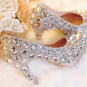 Silver Wedding Shoes Clear Rhinestone Platform Closed Toe 3 " Bridal Shoes Crystal Pumps European Party Prom Heels All Size