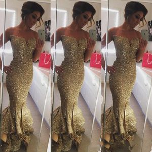 Sparkling Sequined Gold Ruffles Mermaid Prom Klänningar Sexig Sweep Train Split Side Long Formal Sweetheart Party Gowns Custom Made