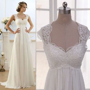 Vintage modesto vestidos de casamento nupcial tampado mangas império cintura mais tamanho praia chiffon estilo country vestidos