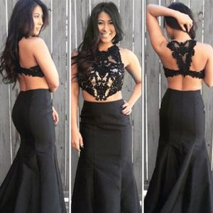 Sexy Long Two Pieces Prom Dress Sheer Jewel Neck Sleeveless Open Back Lace Appliqued Crop Top Black Mermaid Evening Party Gowns