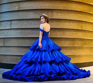 Charming Four Layers Wedding Dresses Maktumang Royal Blue Beaded Lace Appliques Satin Wedding Gown Fashion Middle East Pretty Bridal Dress