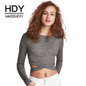 HDY Haoduoyi Fashion Solid Grå Sexiga Kvinnor Tröjor Korsband Midja Hollow Out Kvinna Basic Chic Pullovers Lady Casual Topps Q1109