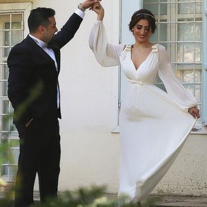 Arabiska Dubai Prom Klänningar Muslim Formell Wear Chiffon Long Party Dresses Deep V-Neck Bow Sash Långärmad Poet Ruched draped