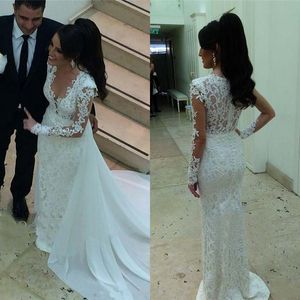 Amazing Long Sleeves Wedding Dress Sheath Column V Neck Illusion Lace Appliques Sexy Bridal Gowns with Detachable Chiffon Train