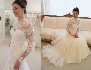 Abiti da sposa vintage a sirena musulmana in pizzo a maniche lunghe Illusion collo alto aperto indietro robe de mariage corte dei treni arabo Dubai abiti da sposa