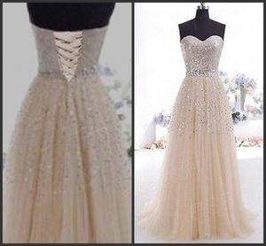 Popularna Ramiączek Prom Sukienka Sweetheart Bez Rękawów Pełna długość Wieczór Party Formalna Suknia Cekiny Kryształy Lace-Up Back Tulle Suknia