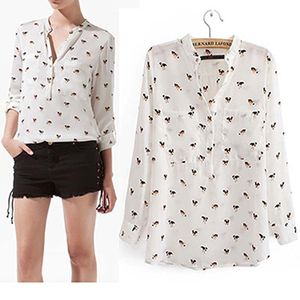 Vår 2014New Fashion Dogs Chiffon Shirt / Collarless Loose Cusual Animal Printed Långärmad Chiffon Blus för Kvinnor, Vit