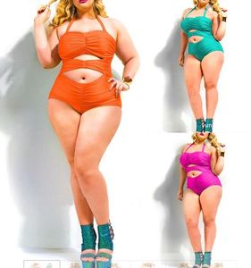 New Women Sexy Bandage Swimwear Plus Size One Piece High Waist Bikini Swimsuit Push Up Monokini bath suit Halter Neck clothing solid US12-20