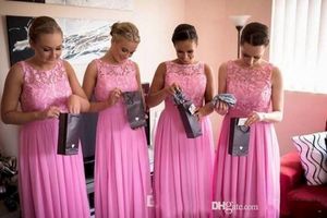 A Line Chiffon Bridesmaid Dress With Bateau Lace Appliques Sleeveless Floor Length Pink Bridesmaid Dresses Ruffles Zipper Back Bridal Gown