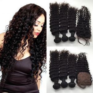 Cabelo brasileiro Molhado e Tecer Virgem Profunda Encaracolado Lace Top De Seda Encerramento Do Cabelo com 3 pcs Barato 100% Não Transformados Feixes de Cabelo Humano