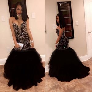 Sexy Open Back Dresses Party Evening With Bling Bling Rhinestones Crystals Mermaid Black Prom Gown Sweetheart Neckline Beads African Dress