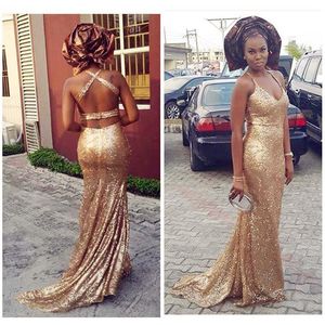 Gold Sequins Lace Evening Dresses 2022 New Arrival Aso Ebi Style Bling Halter Mermaid Long Party Prom Gowns With Criss Cross Straps