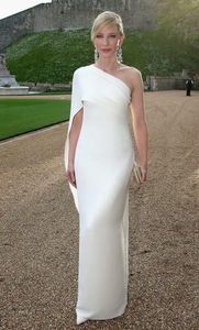 Cate Blanchett, vestidos de noche blancos, vaina, un hombro, tafetán, largo hasta el suelo, vestido Sexy con volantes, elegante vestido de graduación, vestido de noche con cremallera