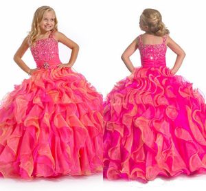 Girl's Pageant Dresses Fuchsia Beading Straps Sparking Floor Length Ball Gown Ruffled Children Communion Dresses New Fashion Style