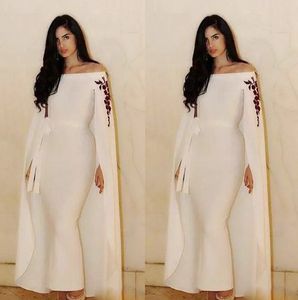 Saudi Arabskie Syrenki Suknie Wieczorowe z Cape / Okładki Sash Wstążka Kostka Długość Prom Dress Custom Made Of Shoulder Aso Ebi Party Suknie