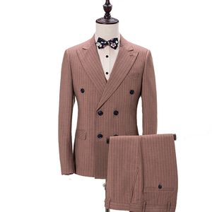 Striped Camel 3-bitars kostym Herrens självodlingsklänning Dubbelbröstdräkt Mäns Casual Plus Suit Herrkläder (Jacka + Byxor + Vest)