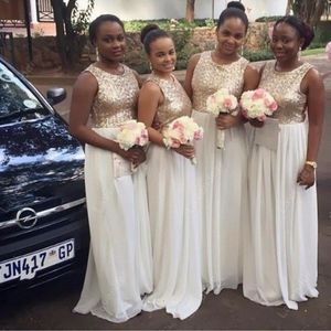 Afrikanska Silver Guld Sequin Bridesmaid Dresses Long Prom Party Gowns Vestido de Festa Longo Chiffon Beach Garden Bröllop Billiga Custom Vestido