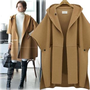 Plus Storlek Ny Höst Vinter Kvinnors Ullblandningar Överrock Klädsel Poncho Coat Hooded Loose Toppar Outwear Cape Coats 3 Färger C3230