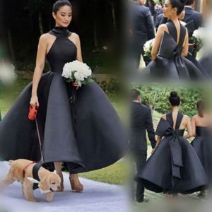 Black High Neck Ball Gown Prom Dresses With Big Bow Satin Ankle Length Evening Gowns Saudi Arabia Formal Party Dress Women Vestidos