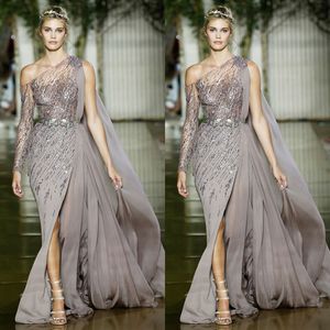 2018 Zuhair Murad Side Split Mermaid Prom Dresses Una spalla maniche lunghe in chiffon abito formale abiti da sera eleganti paillettes abiti da spettacolo