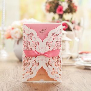 New Style Flower Wedding Invitation Card Marriage Pink Rectangle Invitations with Bowknot Party Decorations Custom Made