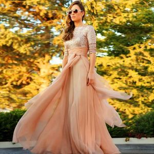 2021 Sequined Rose Gold Dresses Evening Party Wear Prom Gowns Jewel 3/4 Långärmad billig Chiffon Long Pageant Party Dresses New