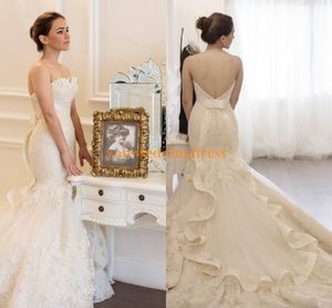 Neue Designer Vintage Brautkleider aus der Schulter trägerlos Gericht Zug Hochzeitskleid Organza Rüschen Spitze Applikationen Bogen Brautkleid