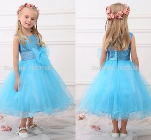 Ny Real Princess Blue Flower Girl's Pageant Dresses paljetter Sash Tea Längd tyll spädbarn Little Girl Birthday Party Dresses HY1279