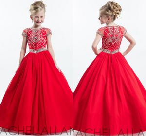 Rachel Allan Red Girl's Pageant Elbiseleri Sefer Mürettebat Boyun Boncuk Kristalleri Bel Kapağı Kollu Gilrs Hy1147