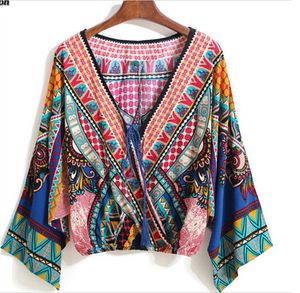 Kimono pullover V-neck blouse chiffon tropical print long flouncing sleeves crop free shipping