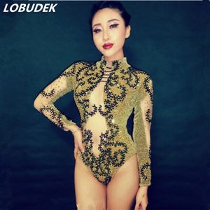 Guld Rhinestones Dance Leotard Sexig Women Singer Dancer Stage Wear Mesh Perspective Crystals Bodysuit Nightclub Bar DJ DS Performance Costume