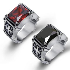 Högkvalitativ mode Hiphop Red Black Big Rhinestone Stone Biker Mens Silver Rostfritt stål Punk Design Cross Ring 7-12#