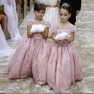 2016 Barato flor meninas vestidos para casamentos lace miçangas jóias pescoço rosa chão comprimento festa de aniversário vestido de aniversário crianças vestidos de pageant