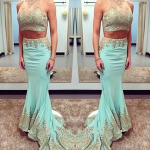 Two Pieces Dresses Party Evening Gowns Sheer Neck Gold Applique Mermiad Prom Dresses Sweep Train Satin Celebrity Formal Homecoming Dress