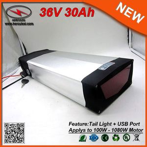 USB Port Tail Light Lithium Batteri 36V 30AH 1000W för elektrisk cykelcykel byggd i 3000mAh cell med 30A BMS gratis frakt