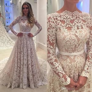 Długie rękawy Vintage Koronki Suknie Ślubne 2020 Arabski Sheer Bateau Neck Backless Line Sweep Pociąg Suknie Ślubne Robe de Soiree Custom 030