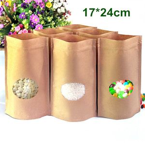 Wholesale storage windows resale online - 200Pcs x24cm Stand Up Brown Kraft Paper Doypack Pouches Zipper Lock Packing Bag Food Storage Package Bag With Oval Clear Window