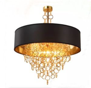 Modern Chandeliers Pendant Lamps with Black Drum Shade Gold Rings Drops in Round Ceiling Light Fixture LLFA
