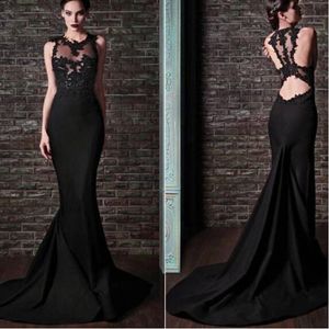 Prom Dresses Black Crew Neckline Sheer Bodice Lace Appliques Backless Rami Kadi Mermaid Court Train Evening Dresses