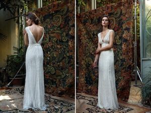 Arabische Lihi Hod weiße böhmische Brautkleider mit Perlenstickerei, sexy Empire-Stil, tiefer V-Ausschnitt, rückenfrei, bodenlang, moderne Brautkleider, einfache Linien