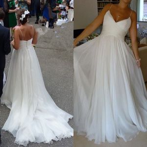 ビーチの国のウェディングドレス2017安いシンプルなシフォンスパゲッティRuched Long Bridal Gowns Plusサイズ習慣中国EN12087