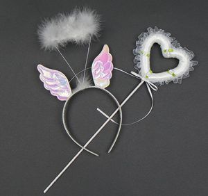 Girl fairy wings headband wands set feather hair band lace ribbon magic wand children kids princess party performance props festive gift