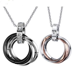 Silver Blue Black&Gold Three Colours To Choose Fashion Stainless steel & Crystal 3 Circles Pendant Couple Necklaces Charm Gifts