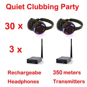 Silent Disco Complete System Black LED trådlösa hörlurar - Tyst klubbfestpaket med 30 mottagare och 3 sändare