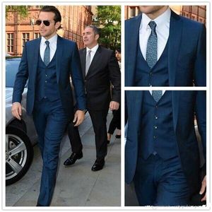 Yakışıklı Donanma Smokin Takım Elbise Slim Fit Mens Düğün Damat Suits Için Özel Made Örgün Balo Suits (Ceket + Pantolon + Yelek + Kravat)