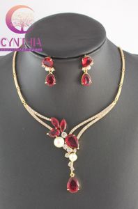 Fashion White Pearl Ruby/Black/Sapphire Garnet Gold Plated Crystal Necklace Earrings Wedding Party Jewelry Set