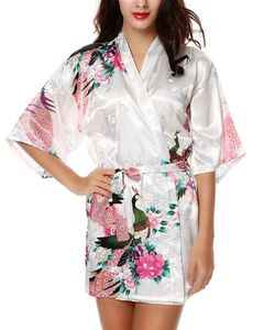 Damer satin robes bröllop robe sleepwear pijama badrock kvinnors påfågel och blommar silke kimono robe sexig nattklänning