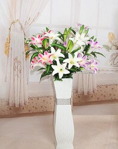 97cm pu 라텍스 칼라 릴리 꽃 진짜 터치 웨딩 부케 꽃 웨딩 홈 테이블 장식 무료 배송
